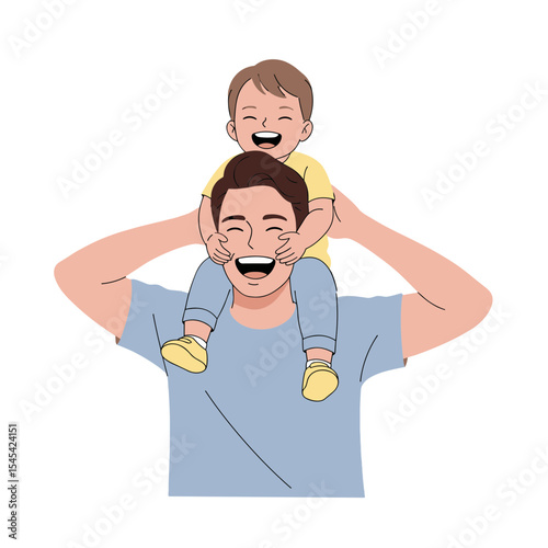 Flat illustration of a father carrying a child on his shoulders, both laughing