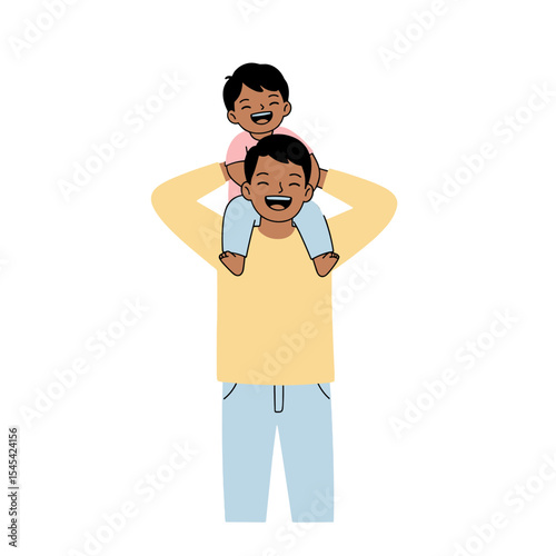 Flat illustration of a father carrying a child on his shoulders, both laughing
