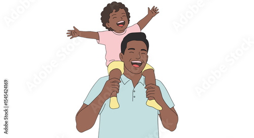 Flat illustration of a father carrying a child on his shoulders, both laughing