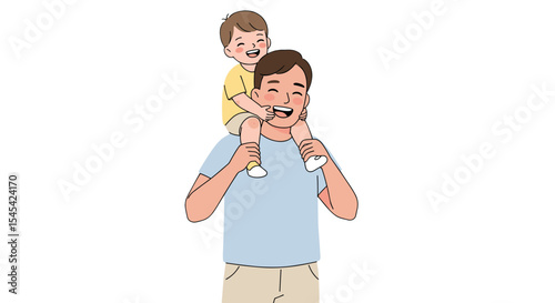 Flat illustration of a father carrying a child on his shoulders, both laughing