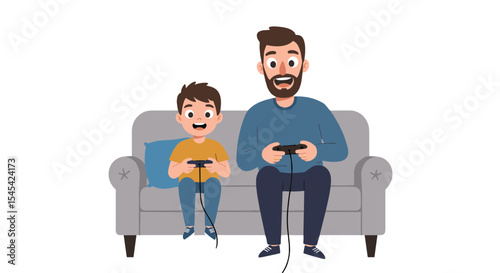 Flat vector of a dad and child playing video games on the couch