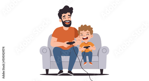 Flat vector of a dad and child playing video games on the couch