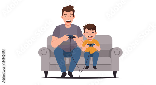 Flat vector of a dad and child playing video games on the couch