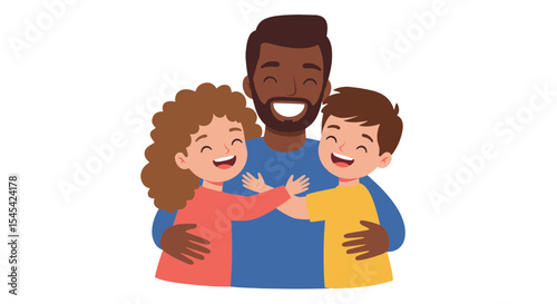 Flat illustration of father and two kids giving a group hug