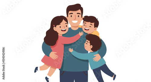 Flat illustration of father and two kids giving a group hug