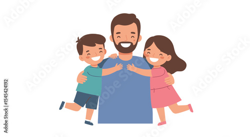 Flat illustration of father and two kids giving a group hug