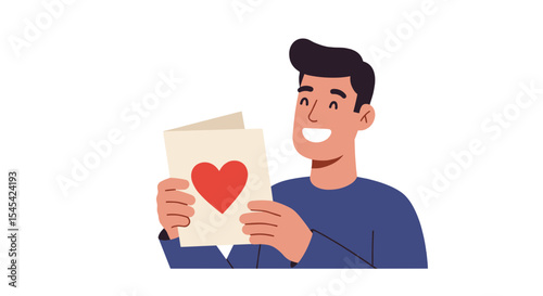 Flat vector of a dad holding a handmade Father’s Day card with a heart and smiling