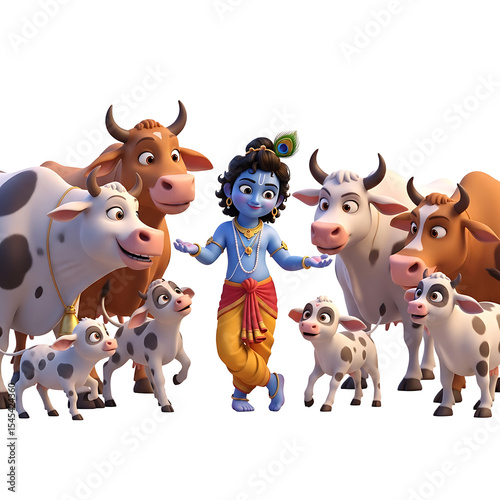 Animated Krishna surrounded by playful cows and calves.