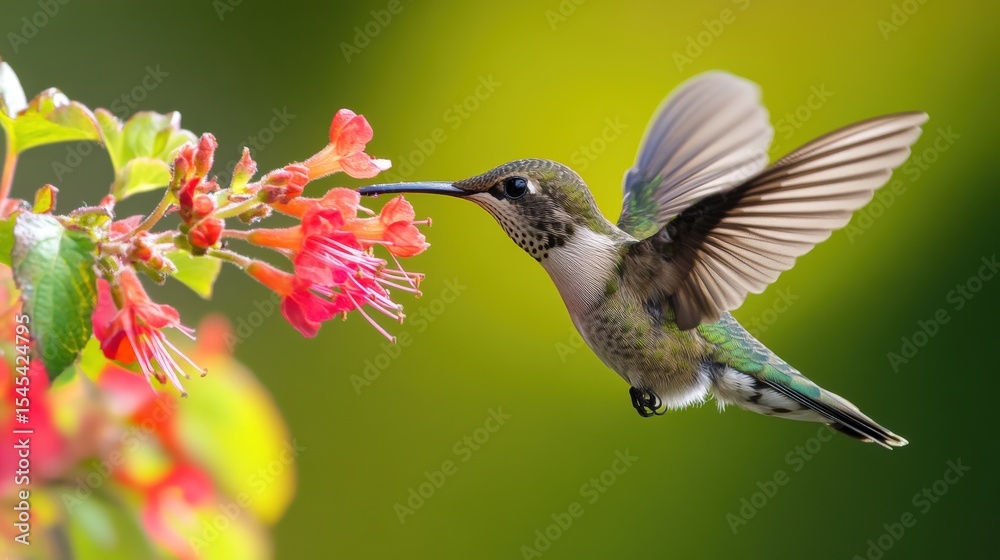 Fototapeta premium A hummingbird is gracefully enjoying nectar from a red flower