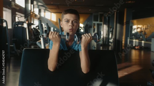 Teen boy with slender weak body training with inspiration at gym