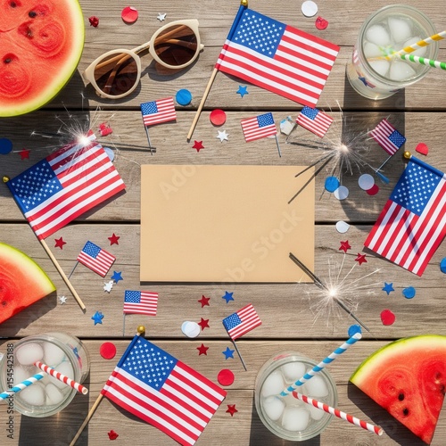 Festive flat lay for a 4th of July celebration, with party items surrounding a blank envelope mockup for an invitation
