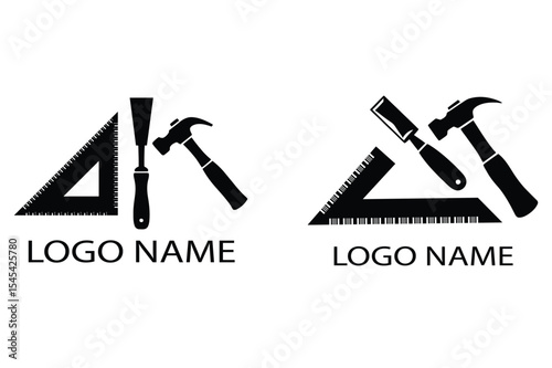 Carpentry Tools Logo with Hammer, Chisel, and Square Ruler