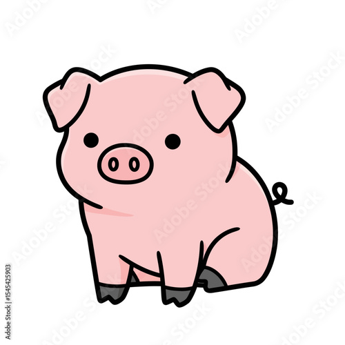 Cartoon pig sitting with a cute expression on a white background  