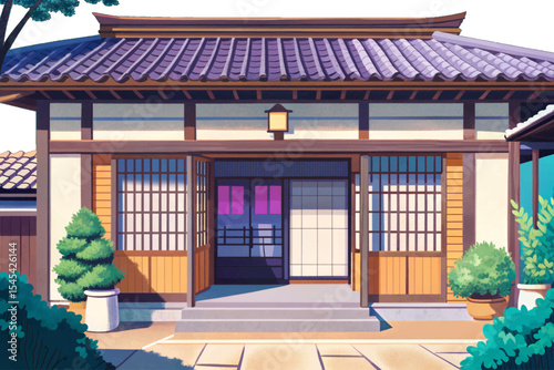 Japanese traditional home front vector featuring wooden sliding doors and tiled roof perfect for cultural, architectural, or heritage design themes with authentic detail