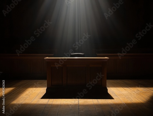 A church interior with the sun shining through stained glass windows onto an empty wooden pulpit