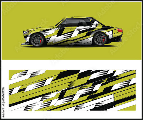 Modern Racing Car with Geometric Wrap Design and Matching Pattern