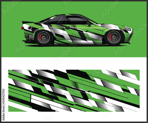 Green Sports Car with Abstract Geometric Wrap Design on Green Background