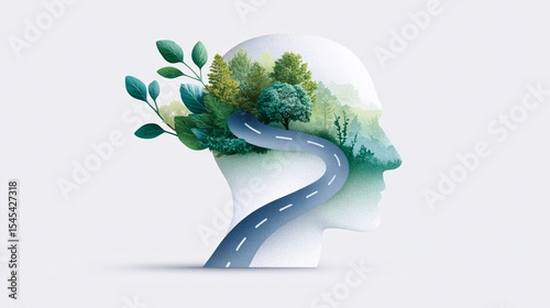 Conceptual illustration of a human head filled with nature and a winding road