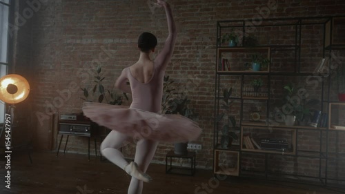 Ballerina graciously posing in a beautiful tutu dress in a contemporary studio setting