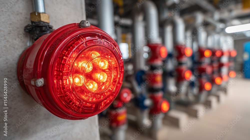 Obraz premium Red emergency warning light illuminating industrial piping system in a modern facility with machinery background, safety concept of construction or engineering