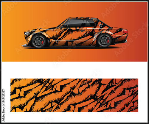 Orange Sports Car with Black Brushstroke Graphics and Matching Wrap Design