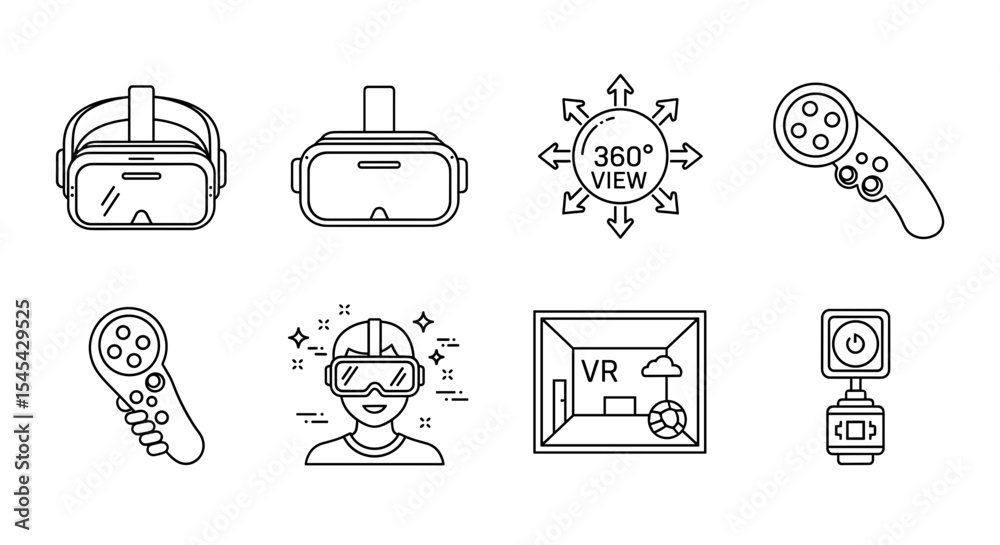 Fototapeta premium Vector outline illustration showcasing virtual reality headsets controllers and related elements neatly arranged