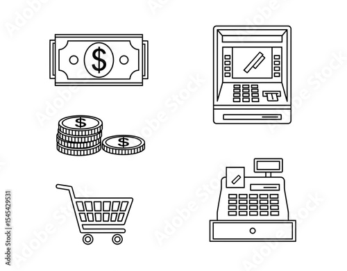 Vector outline drawing showing currency, coins, atm, shopping cart and a cash register in a white space