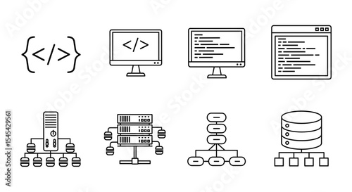 Vector depiction of coding elements and server infrastructure with data storage and network connections shown