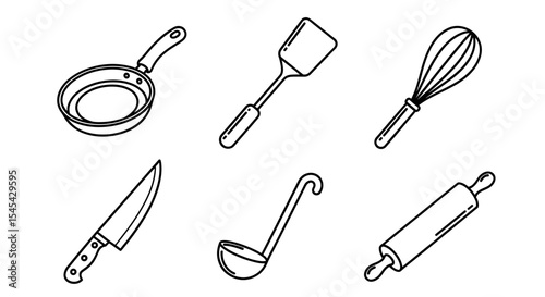Vector outlined kitchen utensils including a pan spatula whisk knife ladle and rolling pin are displayed here