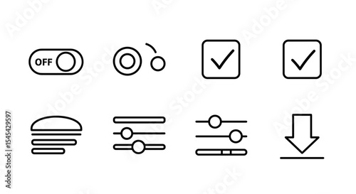 Vector eight distinct interface icons displayed in a row representing various settings and functions available