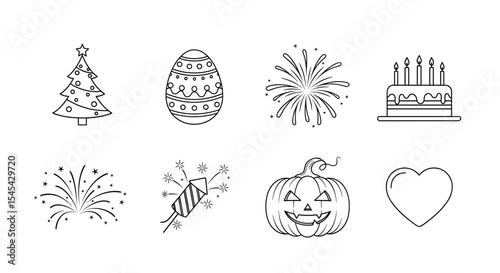 Vector outlined holiday icons including christmas tree easter egg fireworks cake pumpkin and heart arrangement
