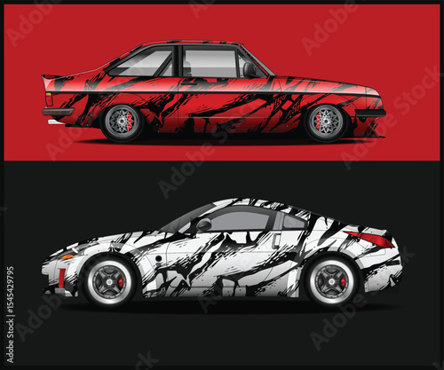 Two Cars with Abstract Paint Jobs on Red and Black Backgrounds