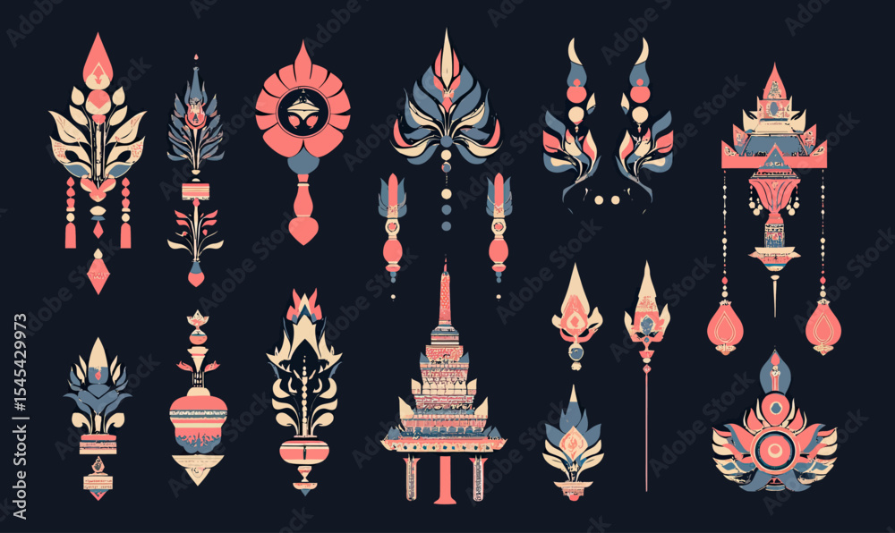 Collection of traditional Thai ornamental patterns and floral motifs in flat minimalist vector style with pastel colors on dark background