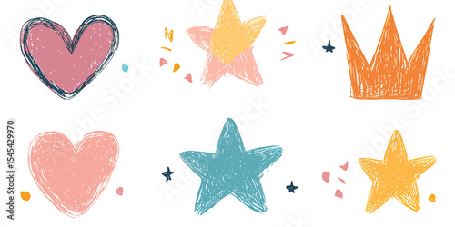 Hand drawn textured heart star crown shapes set with grunge brush effect colorful abstract vector illustration for modern design and decoration use
