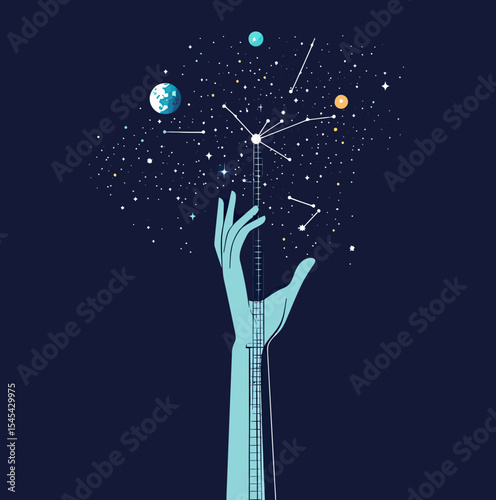 Abstract hand reaching ladder to star constellation with planets and cosmic elements on dark background creative space exploration concept vector illustration