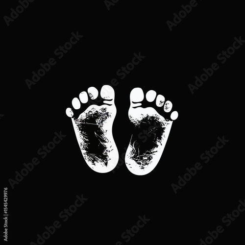 Detailed white baby footprints silhouette on black background with textured sole marks in minimalist flat style vector illustration for newborn and infant concepts