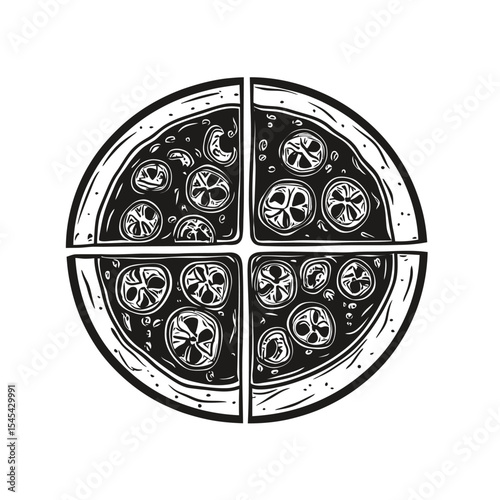 Black and white minimalist vector illustration of pizza with tomato slices and mushroom toppings divided into four slices isolated on white background for food design and menu icon concept