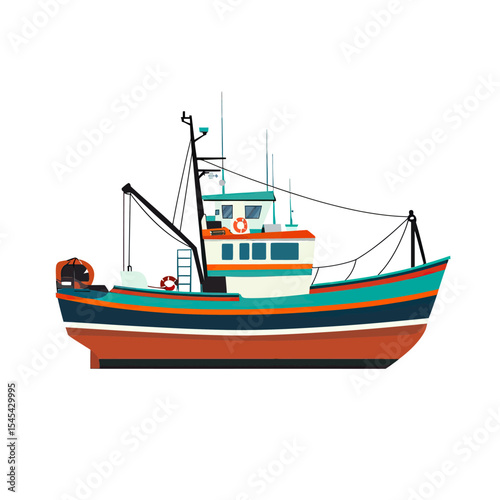 Fishing boat side view with cabin and rigging in flat minimalist vector style isolated on white background detailed illustration for maritime concept