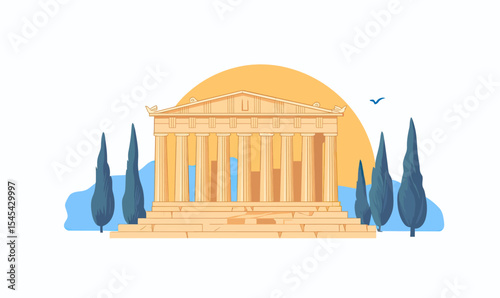 Ancient Greek Acropolis temple vector illustration with Doric columns and stone steps in flat minimalist style against sunset background