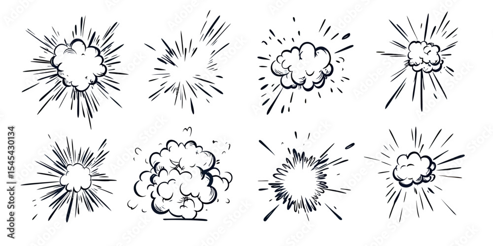Obraz premium Set of eight hand drawn comic cartoon explosion effects with smoke bursts and speed lines in black ink sketch style for dynamic action visuals