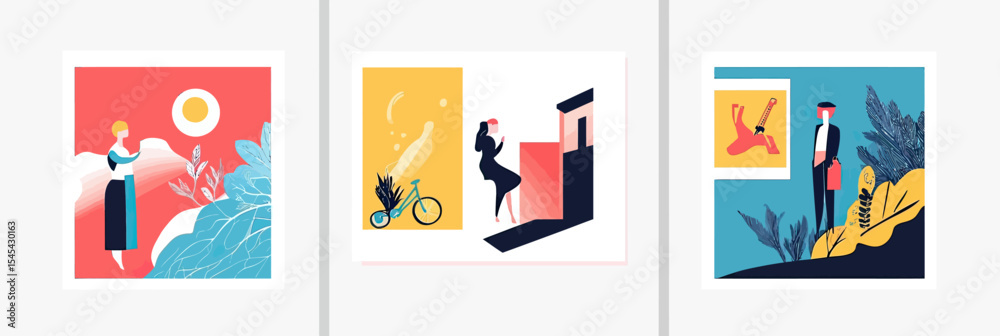 Fototapeta premium Set of three minimalist flat vector business web banner templates featuring stylized professional people outdoors with nature and geometric backgrounds for social media and advertising