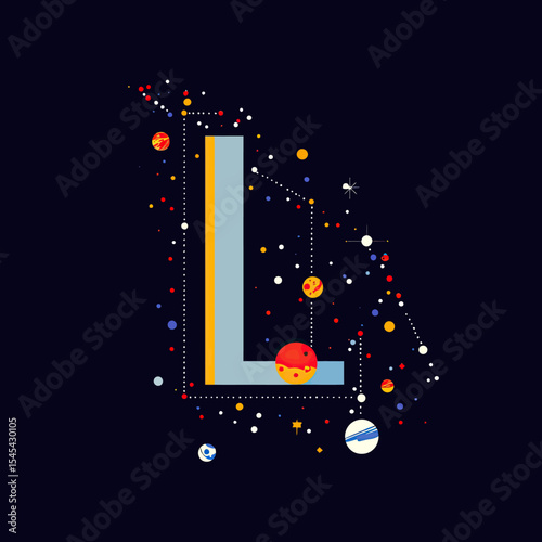 Letter L shaped star constellation with planets stars and space elements on dark background minimalist flat vector design for technology and science concept