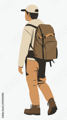 Minimalist flat vector of hiker wearing beige and brown outfit with large backpack and cap walking outdoors from behind view