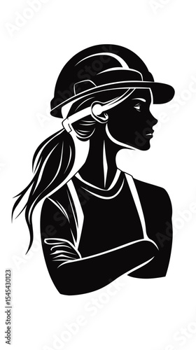 silhouette of woman worker with helmet and ponytail arms crossed side profile black and white vector engraving style minimalist illustration