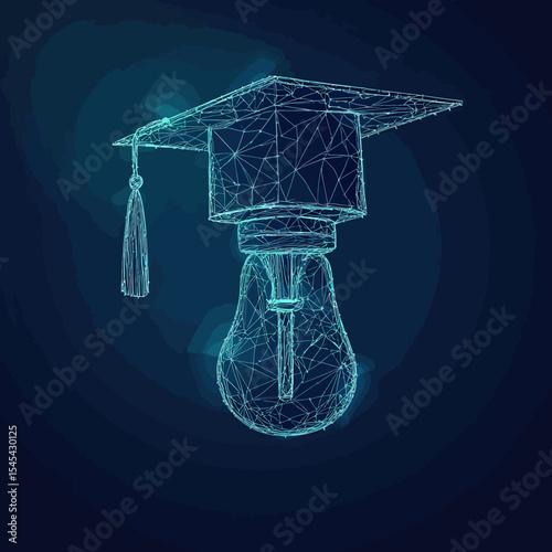 3D wireframe graduation cap combined with illuminated light bulb symbolizing education innovation creativity and knowledge concept digital polygonal design on dark background