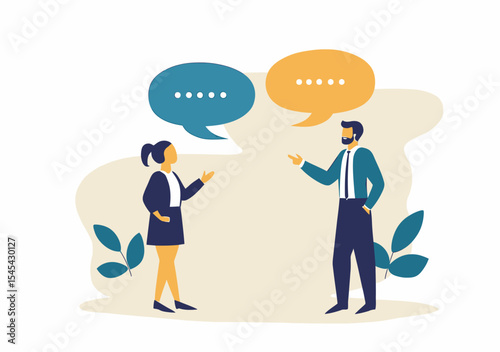 Business man and woman conversation with speech bubbles communication concept with flat minimalist style vector illustration for customer engagement and dialogue