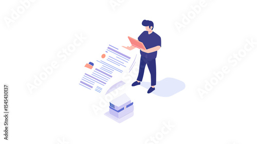 Isometric businessman reading and inspecting large contract document with checklist and folder in minimalist flat vector style