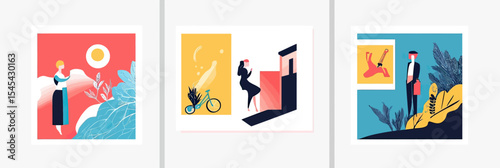 Set of three minimalist flat vector business web banner templates featuring stylized professional people outdoors with nature and geometric backgrounds for social media and advertising