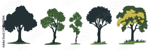 Set of varied deciduous tree silhouettes with distinct shapes and foliage isolated on white background in flat minimalist vector style suitable for nature and botanical design projects