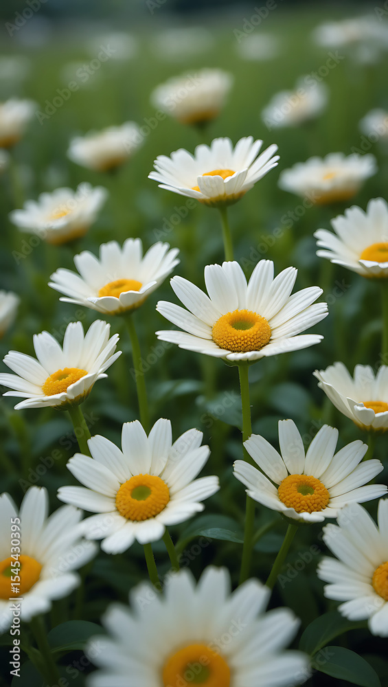 Obraz premium Close-up of numerous white daisies blooming in a lush green field